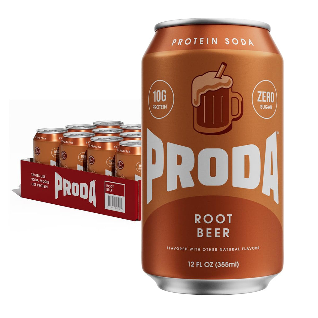 PRODA Root Beer protein soda can with 12-can case