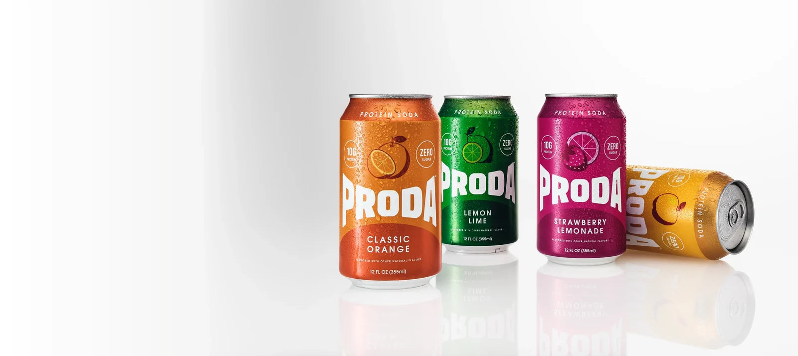 Four chilled PRODA protein soda flavors