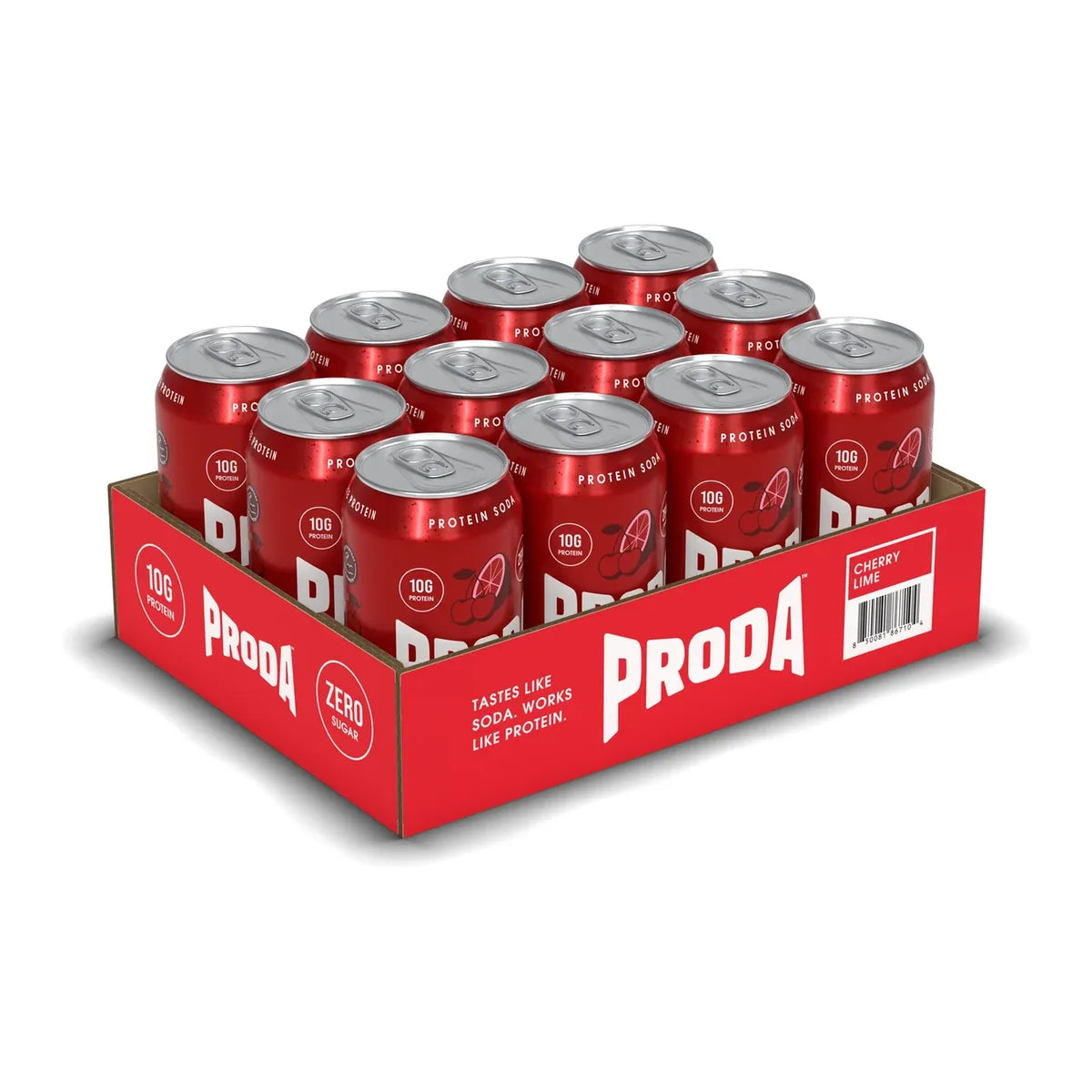 A case of PRODA Cherry Lime: twelve cans in the tray