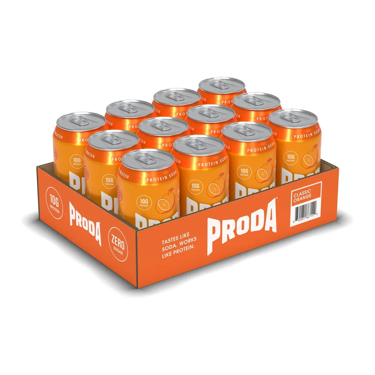 A case of PRODA Classic Orange: twelve cans in the tray