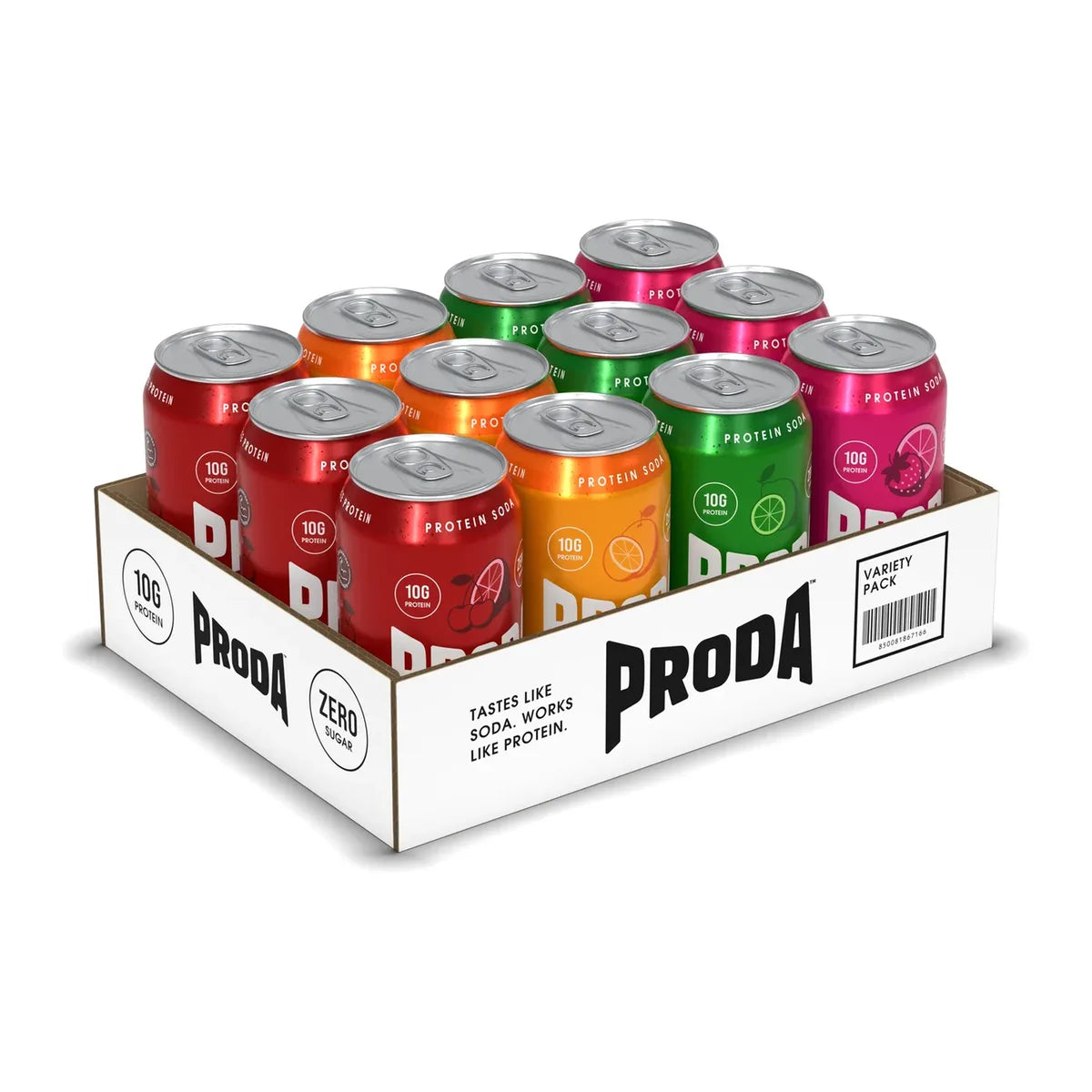 The PRODA Instant Classics on white: twelve cans, three each of Classic Orange, Cherry Lime, Lemon Lime and Strawberry Lemonade