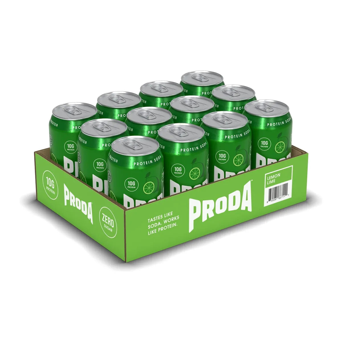 A case of PRODA Lemon Lime: twelve cans in the tray