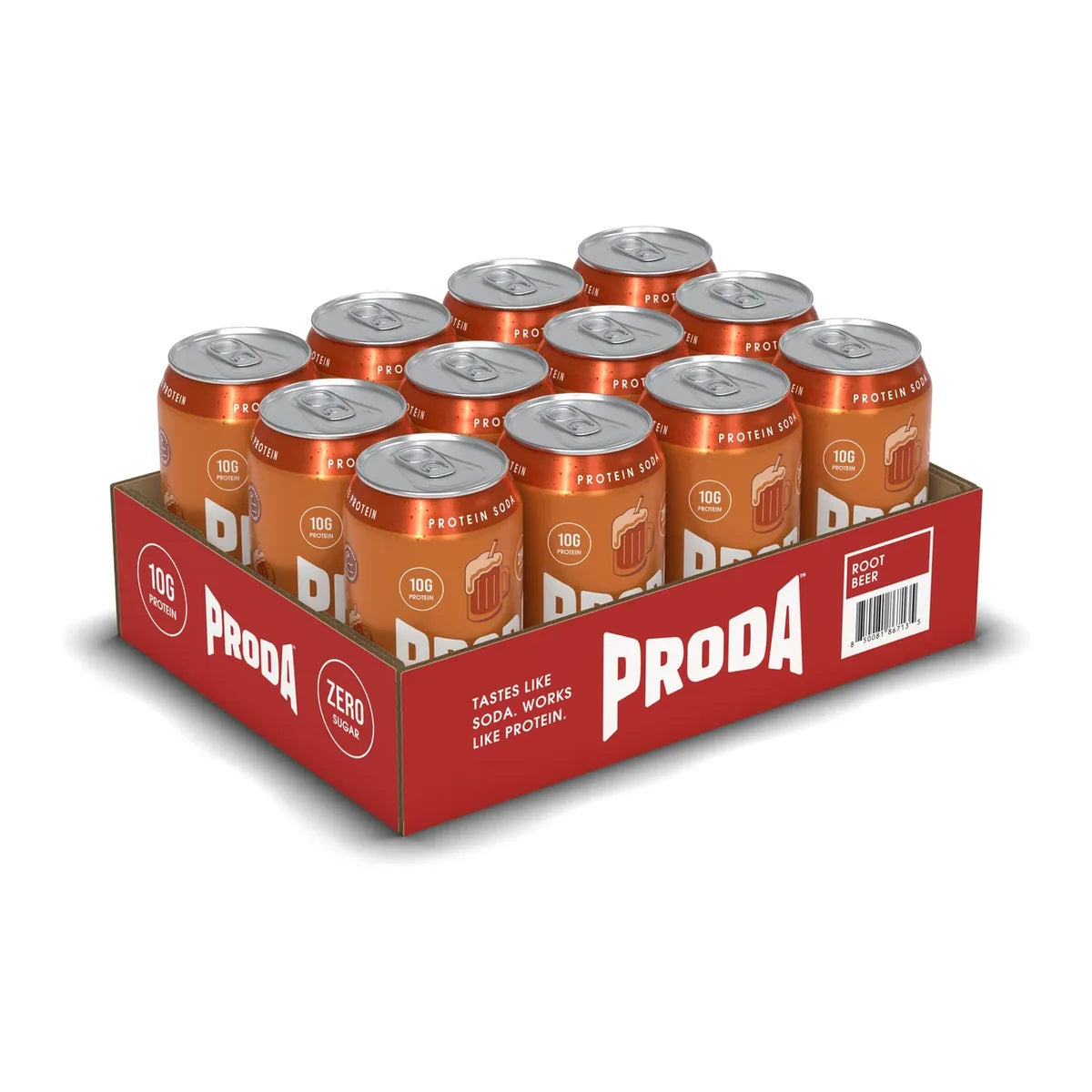 A case of PRODA Root Beer: twelve cans in the tray