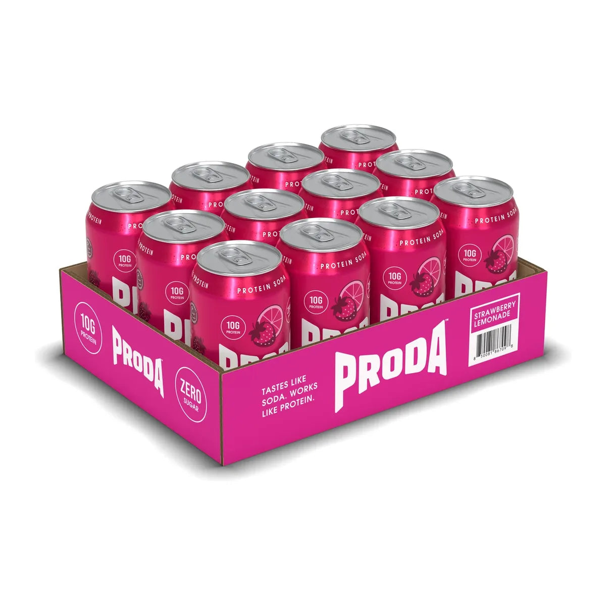 A case of PRODA Strawberry Lemonade: twelve cans in the tray